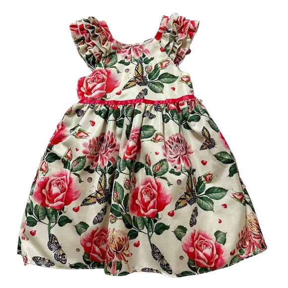 EUC Pippa & Julie cream sleeveless dress with pink roses, yellow butterflies. 5T - Picture 5 of 9